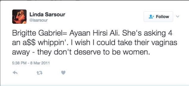 Sarsour Twitter bejegyzése: B. G. = A. H.A. mindketten seggreverést érdemelnek. Ki tudnám szedni a vaginájukat. Nem érdemlik meg, hogy nők legyenek.